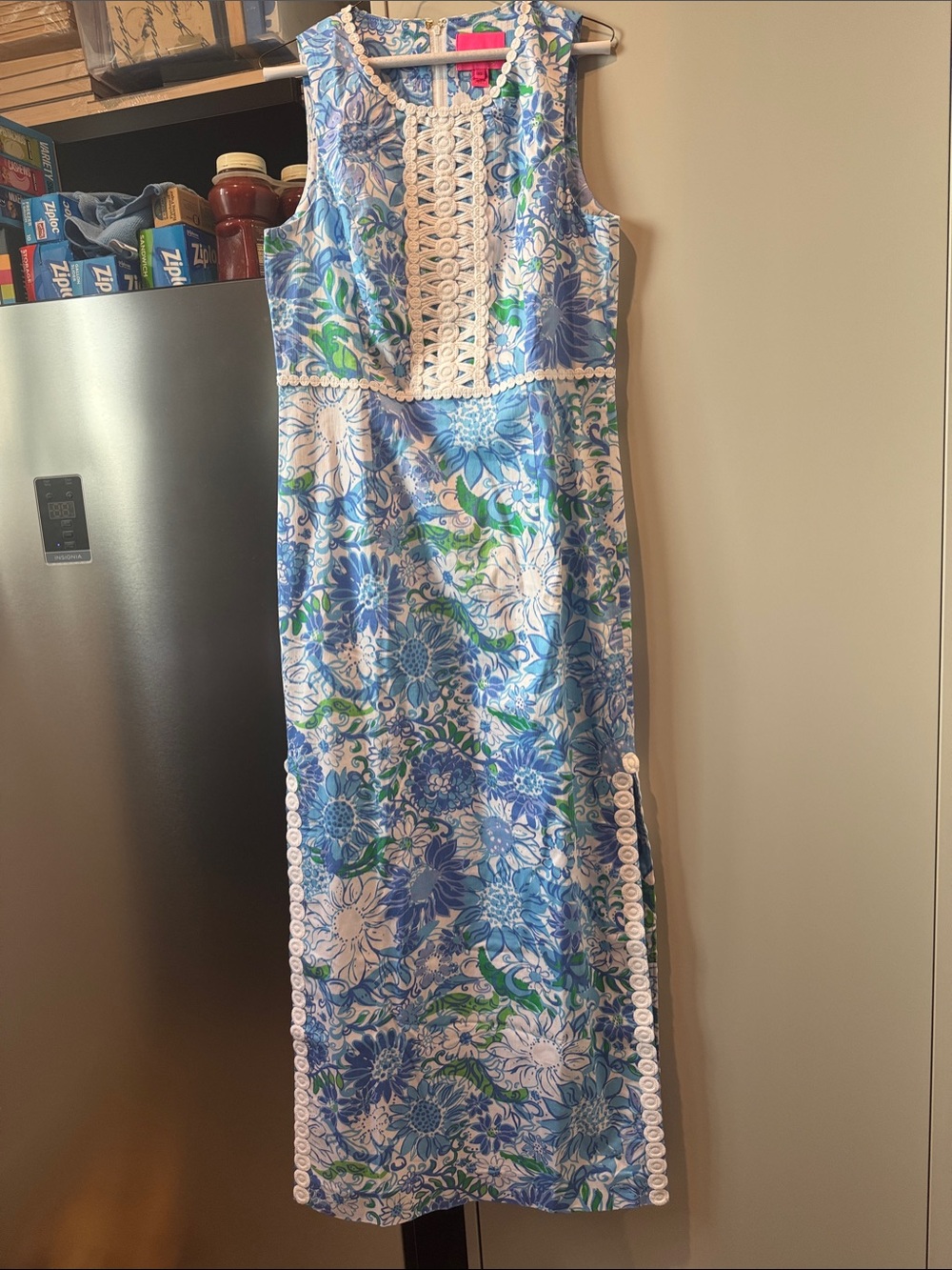 Lilly Pulitzer Maxi Sleeveless Blue/Green/Floral Maxi Dress with White Lace Trim